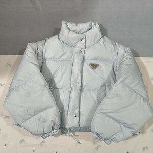 Prada Light Blue Short Down Jacket With Stand-Up Collar